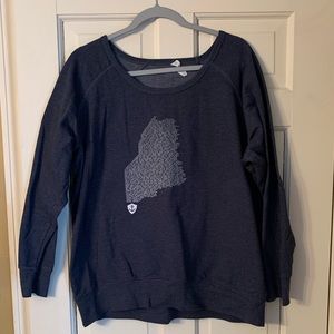Navy blue Maine crewneck. City names inside state shape